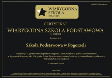 Certyfikat dla Szkoły Podstawowej w Pogorzeli