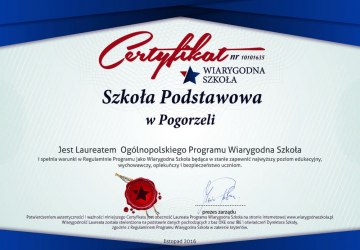 Szkoła Podstawowa w Pogorzeli laureatem IV edycji Programu Wiarygodna Szkoła