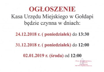 KRÓTSZE GODZINY DZIAŁANIA KASY URZĘDU