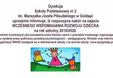 Szkoła Podstawowa nr 2 im. Marszałka Józefa Piłsudskiego ogłasza nabór na zajęcia WCZESNEGO WSPOMAGANIA ROZWOJU DZIECKA na rok szkolny 2019/2020