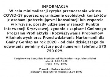 Informacja o poradach udzielanych w ramach Punktu Interwencji Kryzysowej