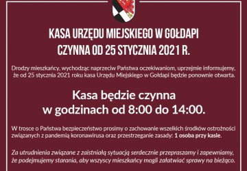 KASA URZĘDU MIEJSKIEGO W GOŁDAPI CZYNNA OD 25 STYCZNIA 2021 R.