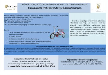 Ośrodek Pomocy Społecznej w Gołdapi informuje, że w Gminie Gołdap działa Wypożyczalnia Rowerów Rehabilitacyjnych