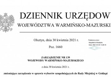 Decyzją Wojewody Warmińsko-Mazurskiego wybory uzupełniające do Rady Miejskiej w Gołdapi zostały przesunięte na 13 czerwca 2021 roku.