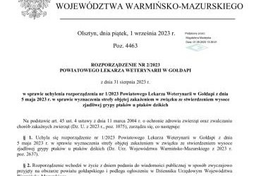 Uchylenie  strefy objętej zakażeniem w związku ze stwierdzeniem wysoce zjadliwej grypy ptaków u ptaków dzikich